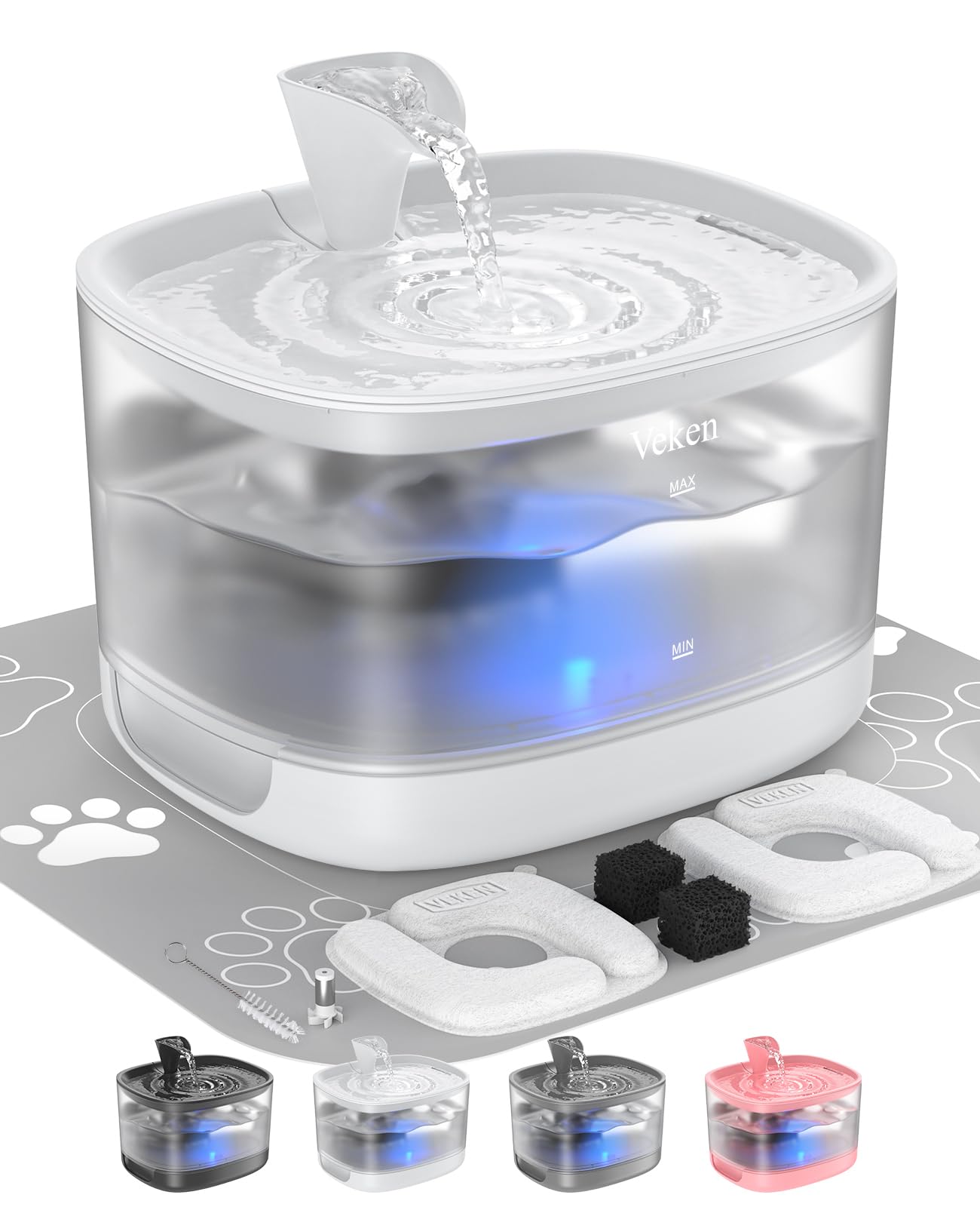 Veken cat water fountain with detachable tank for easy refills and hygienic cleaning.
