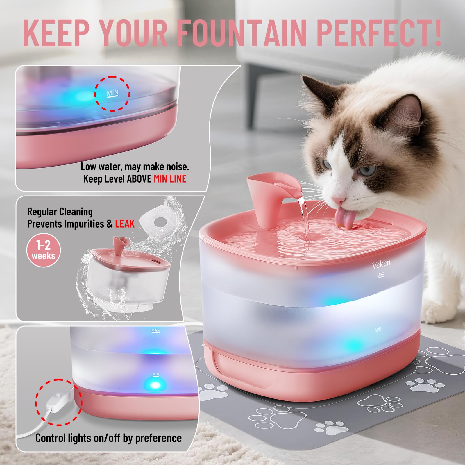 Veken cat water fountain silicone pad reduces splash and noise