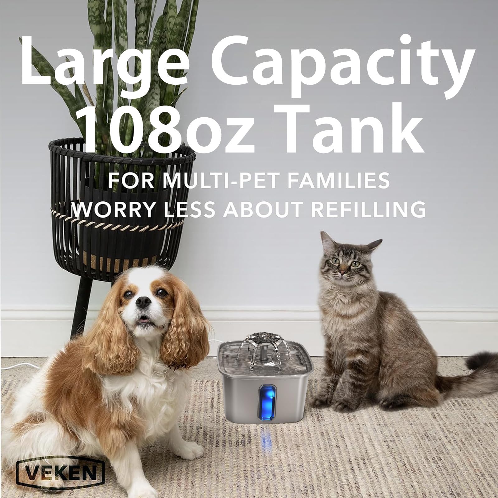 Veken cat water fountain suspended pump operates quietly for a calm home