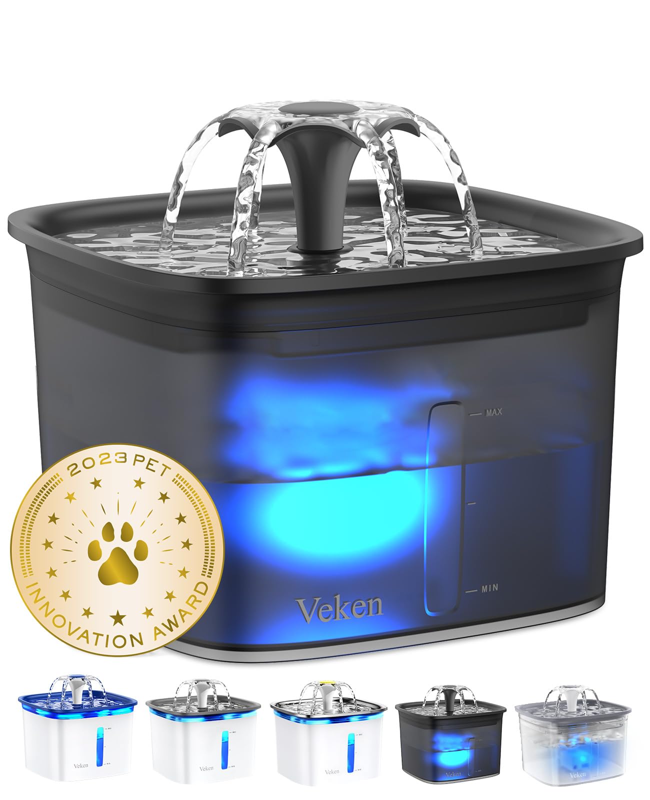 Veken pet fountain front view shows spacious 2.8L design for multi-pet use.