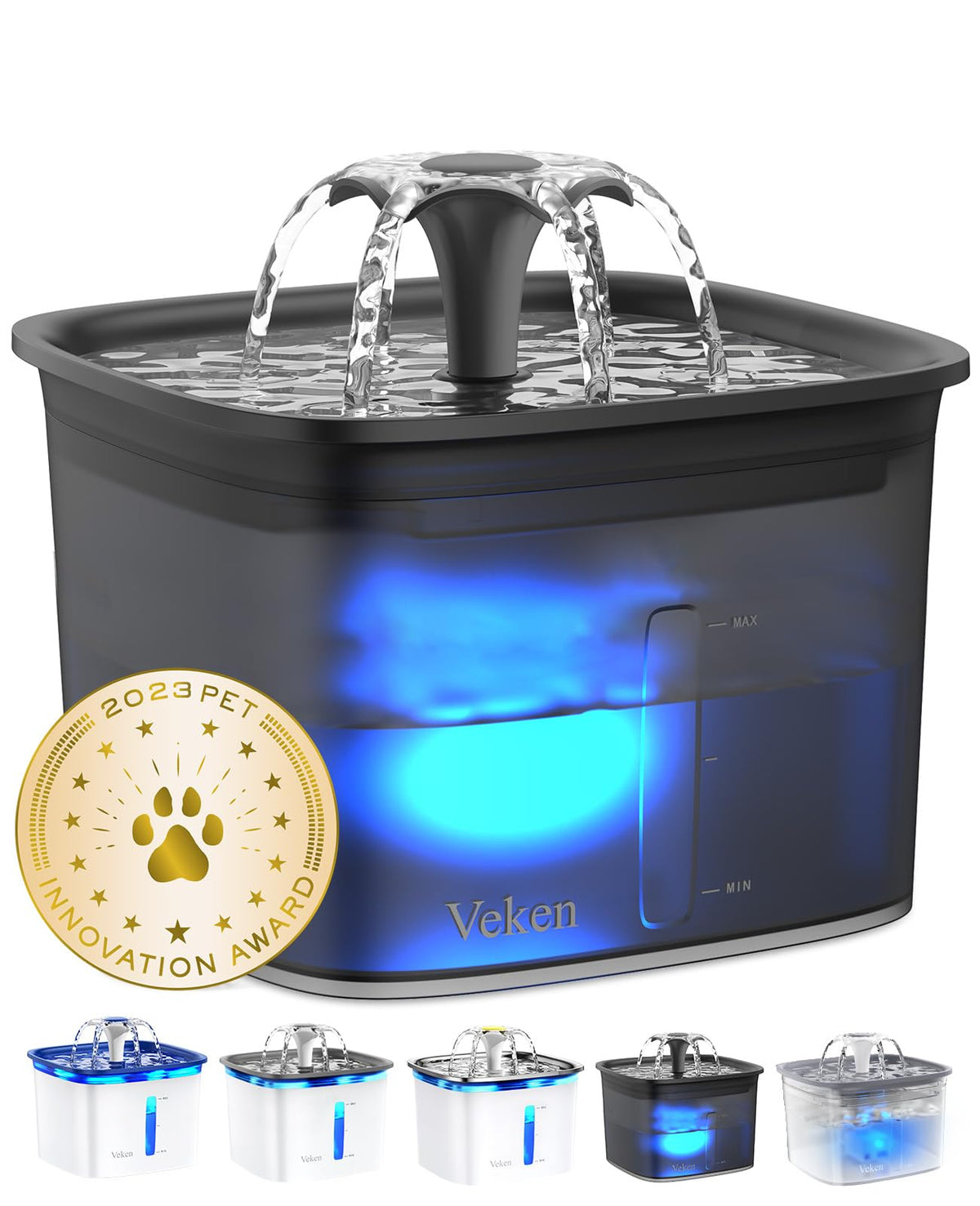 Veken pet fountain front view shows spacious 2.8L design for multi-pet use.