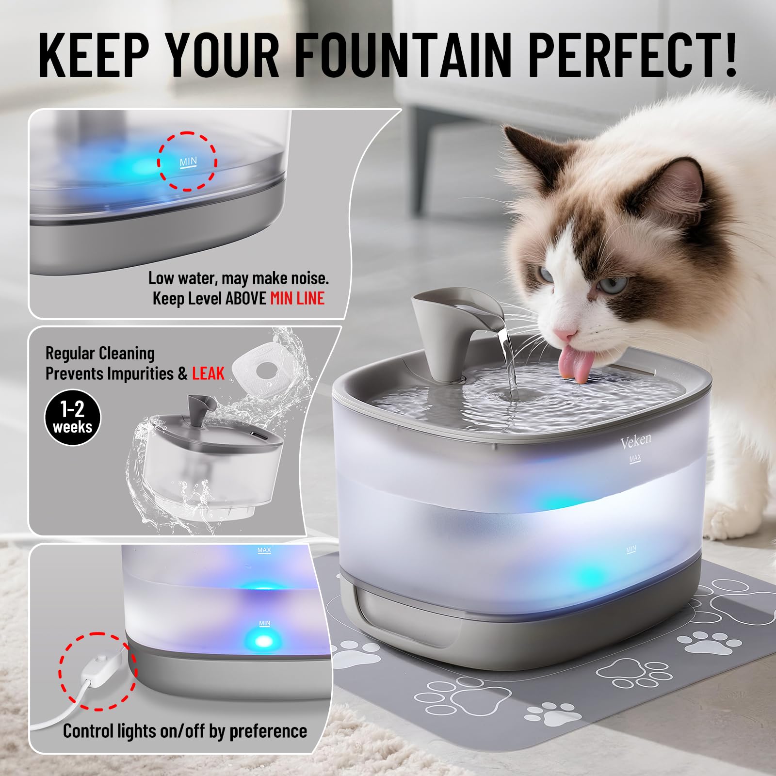 Veken silicone pad reduces splash and keeps floors clean.