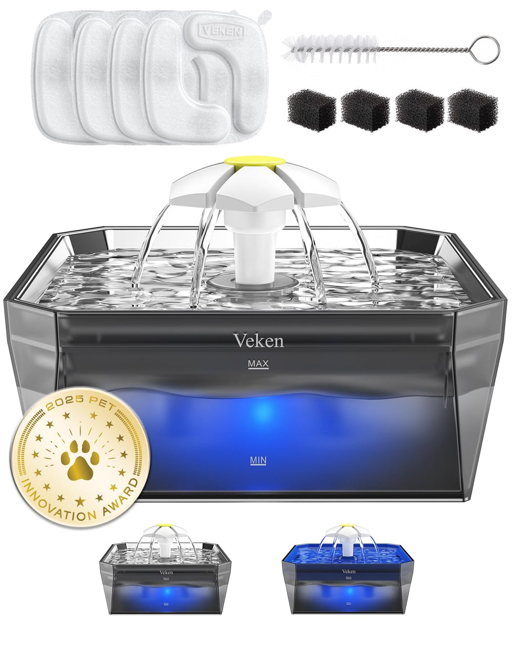 Veken small pet fountain with silver lid, compact design for easy placement and hydration