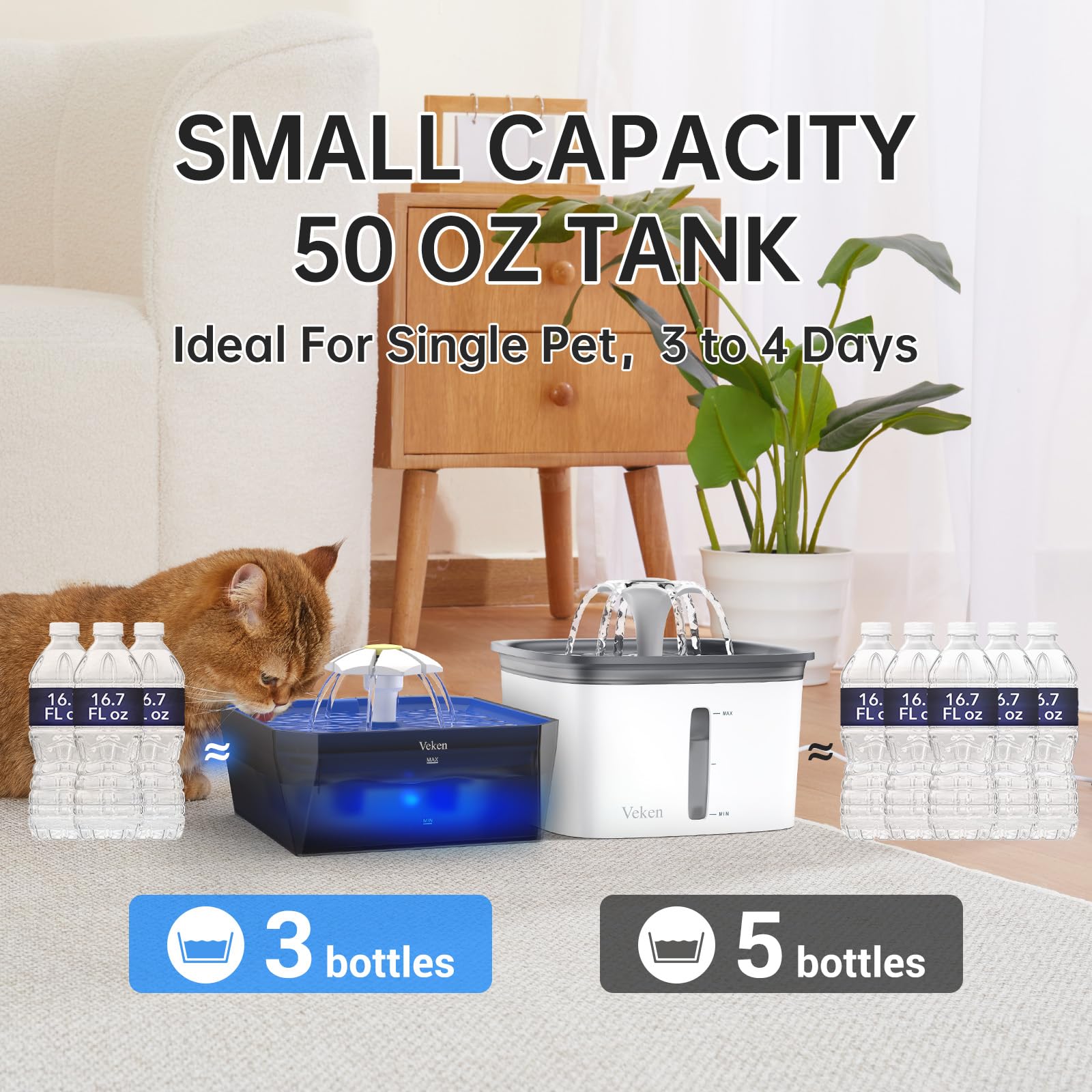 Veken transparent tank provides 360-degree visibility for easy water level checks.