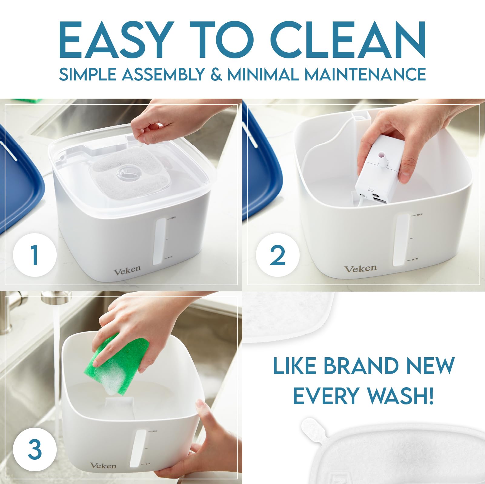 Veken ultra-quiet pump runs smoothly for peaceful pet environments.