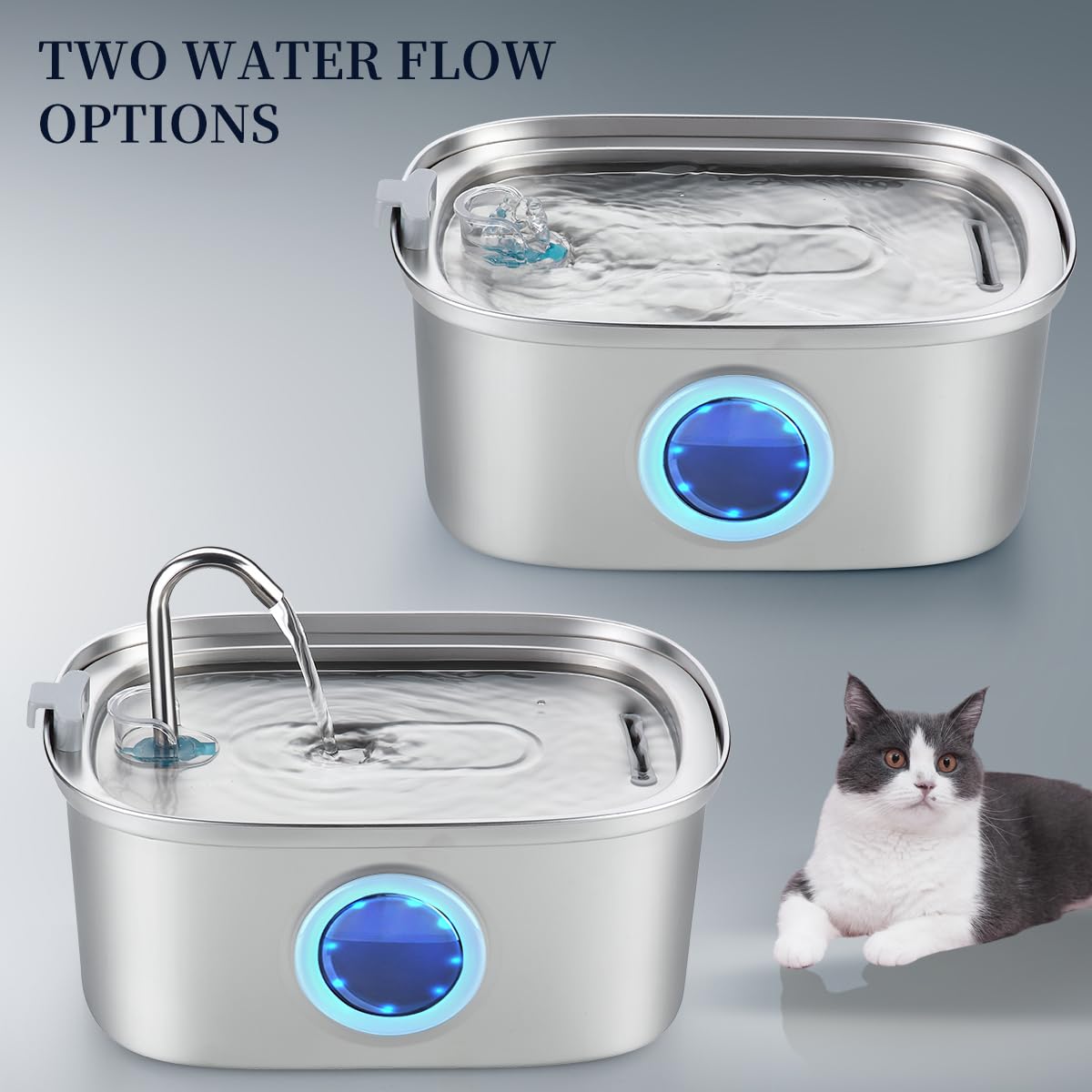 Vekonn Cat Water Fountain shows dishwasher-safe stainless steel components.
