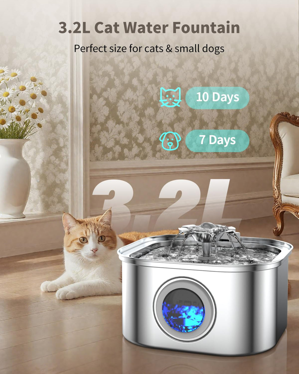 Vekonn Cat Water Fountain side view highlights hygienic stainless steel design.