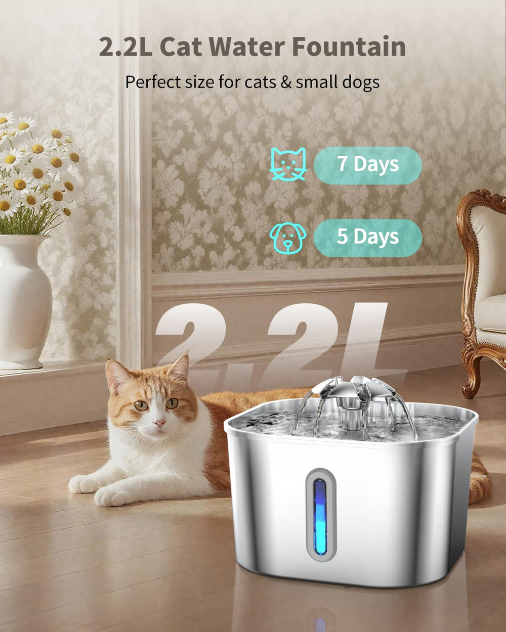 Vekonn cat water fountain stainless-build resists odors and cleans easily.
