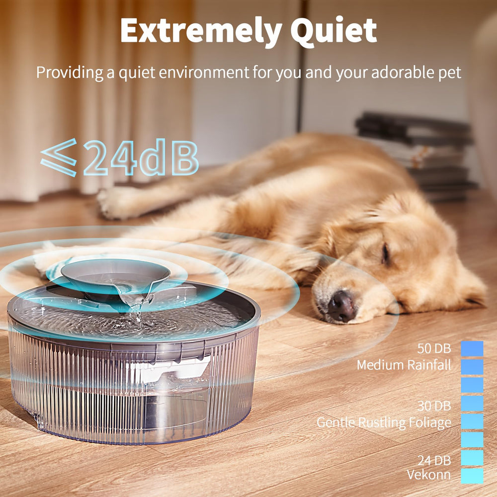Vekonn dog water fountain pump quiet operation supports peaceful nights.