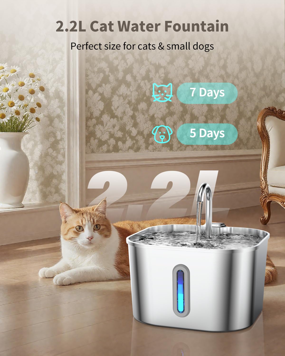 Vekonn stainless steel cat fountain highlights durable, easy-clean construction.