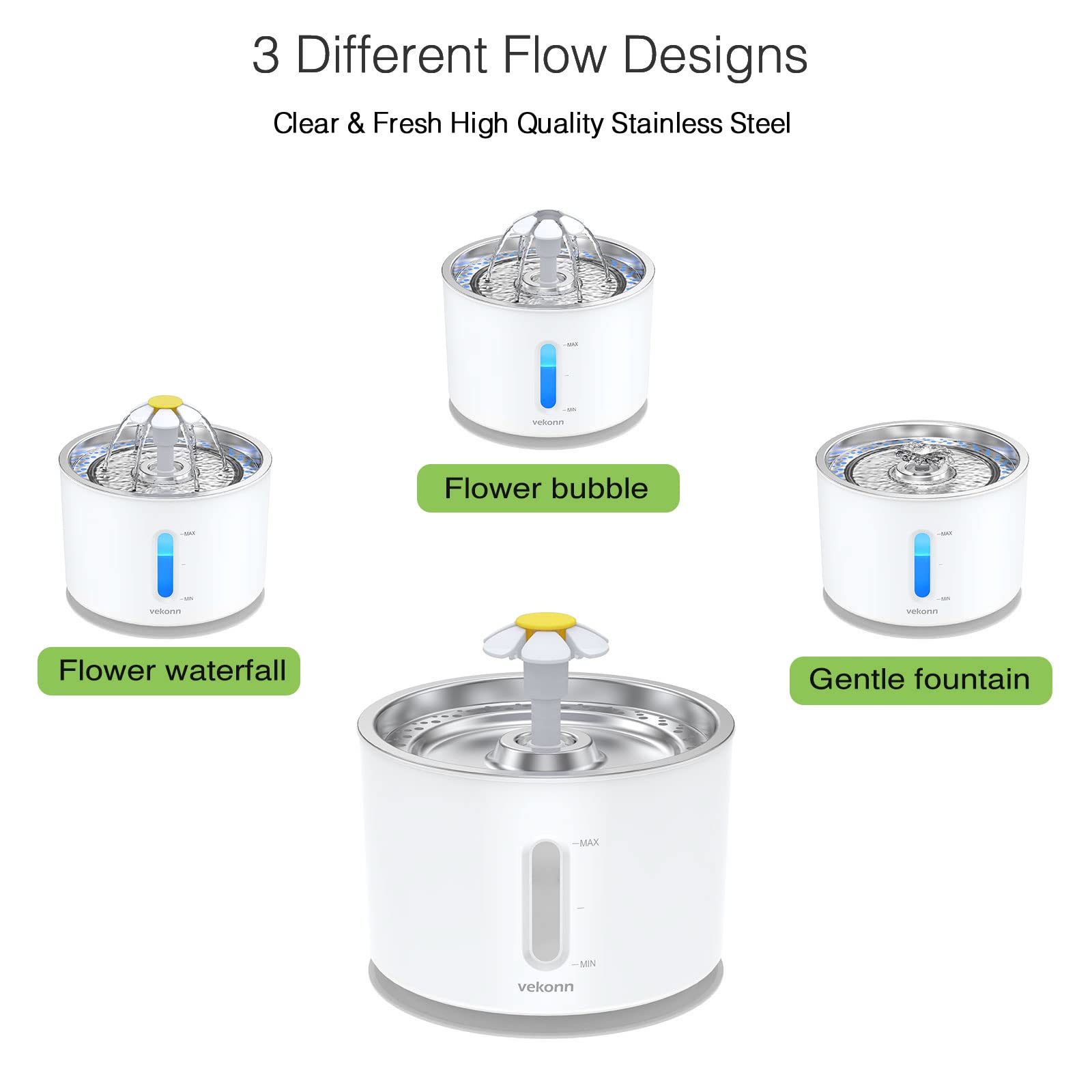 Vekonn fountain includes four filters and four sponges for cleaner-tasting water.