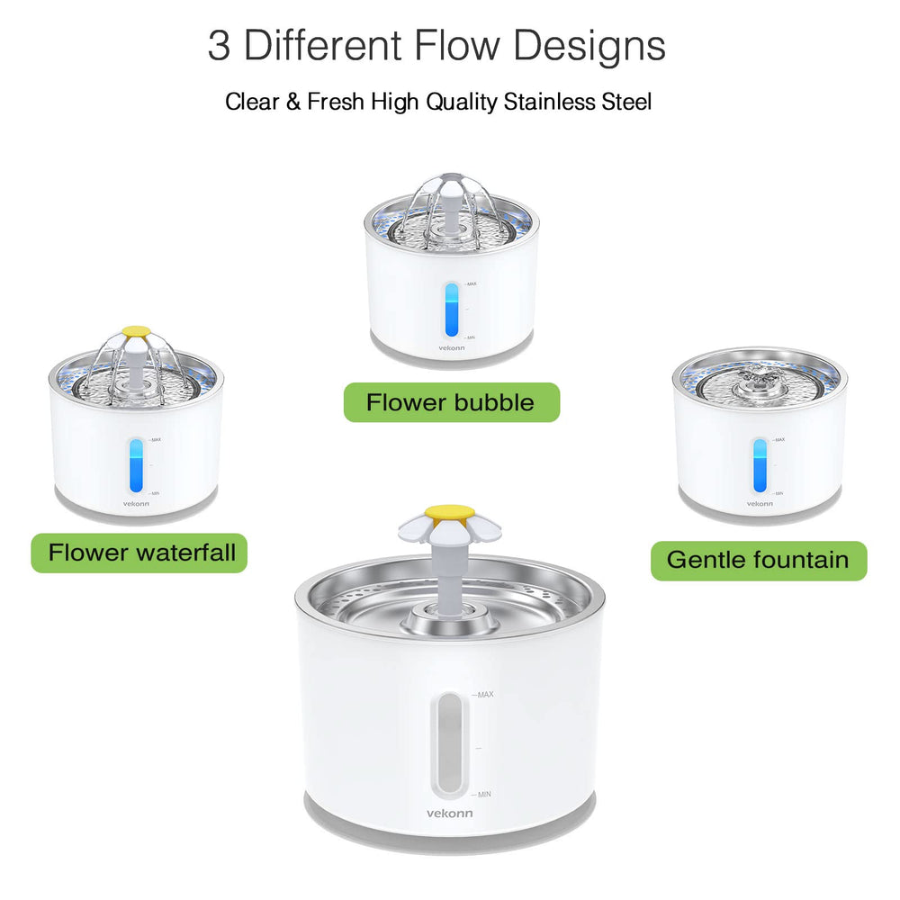 Vekonn fountain includes four filters and four sponges for cleaner-tasting water.