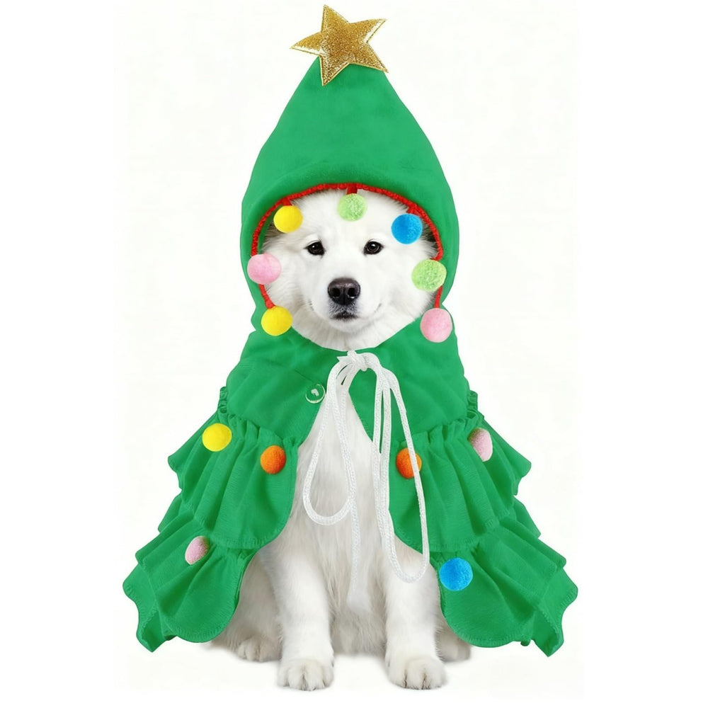 Vellibring dog Christmas outfit with green cloak and hat featuring star for festive photos