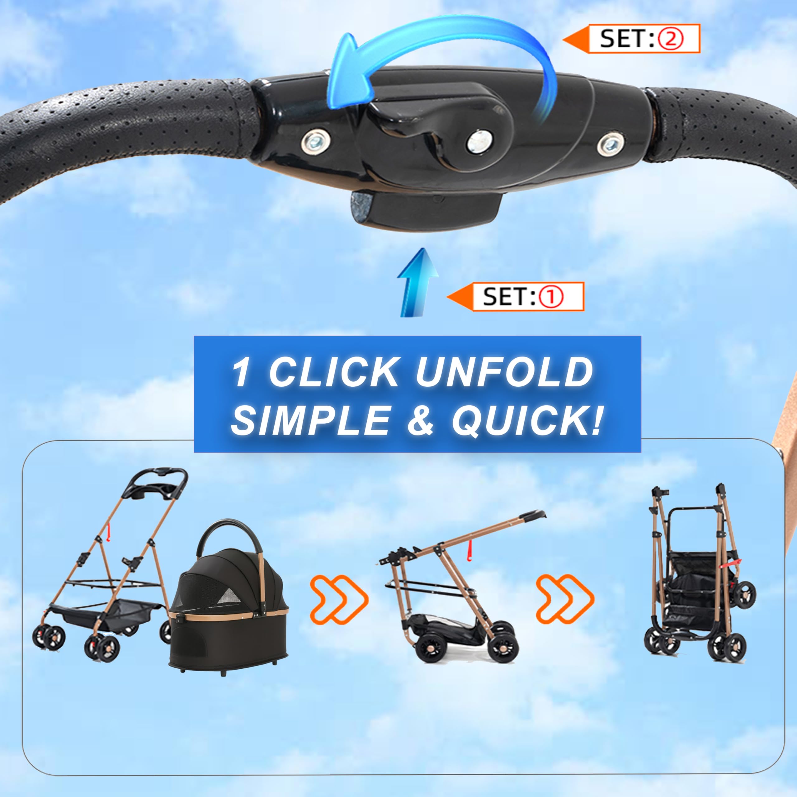 Velora pet-stroller in-use-walk shows 360-degree front wheels and privacy curtains during strolls.