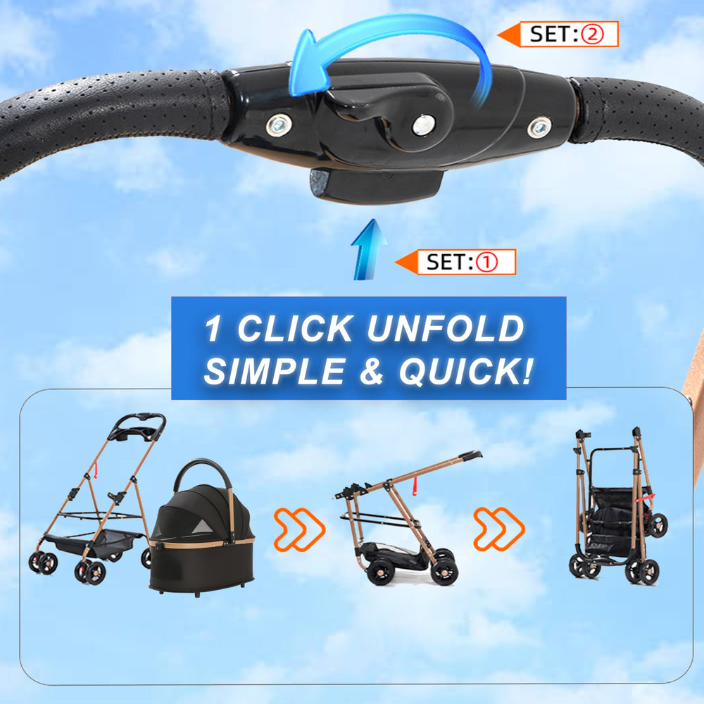 Velora pet-stroller in-use-walk shows 360-degree front wheels and privacy curtains during strolls.