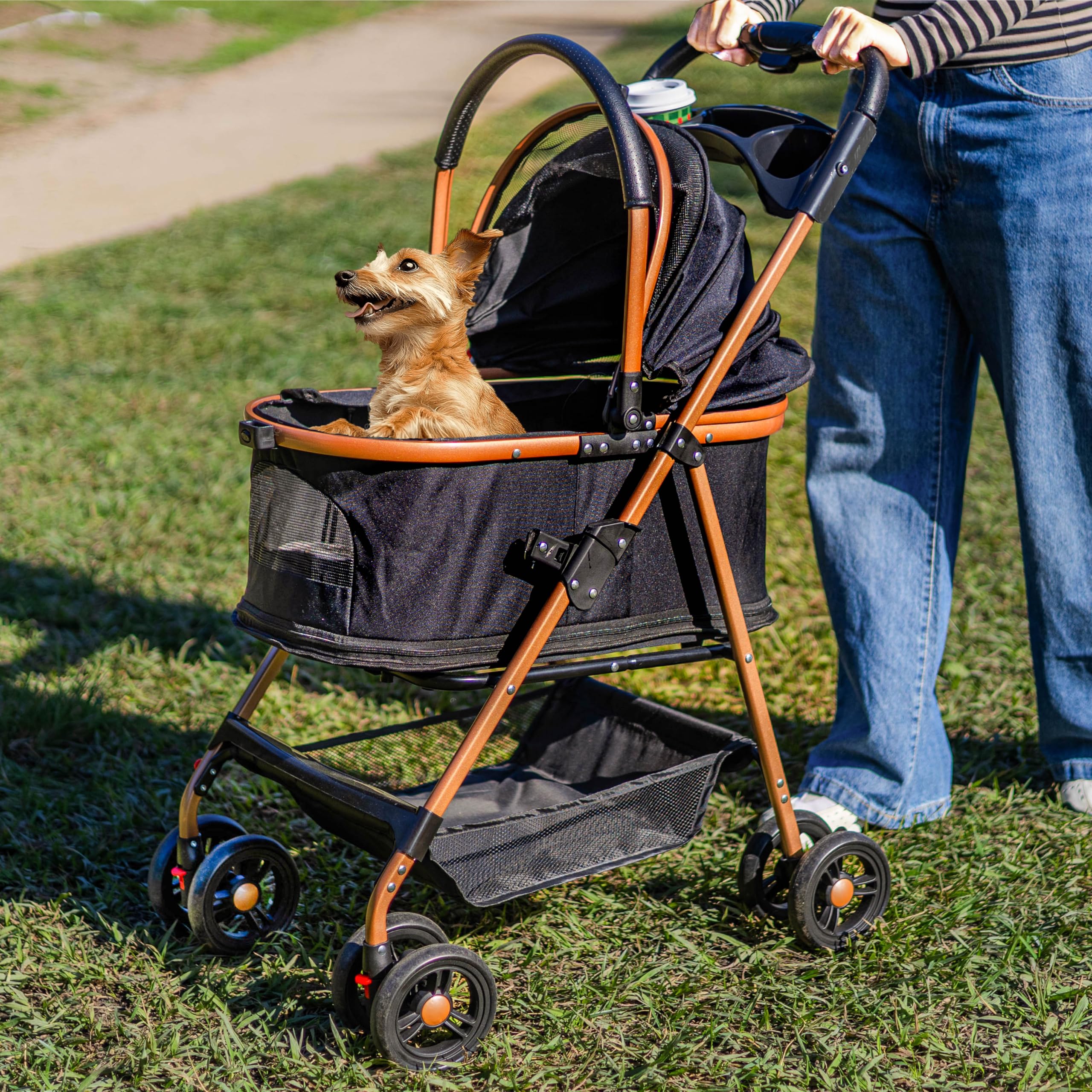 Velora pet-stroller removable-carrier demonstrates quick detachment for car travel and home transfers.