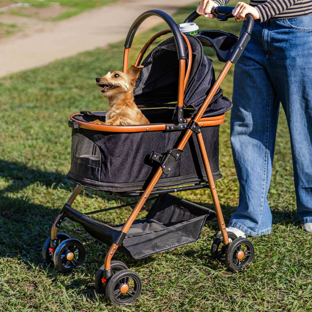 Velora pet-stroller removable-carrier demonstrates quick detachment for car travel and home transfers.