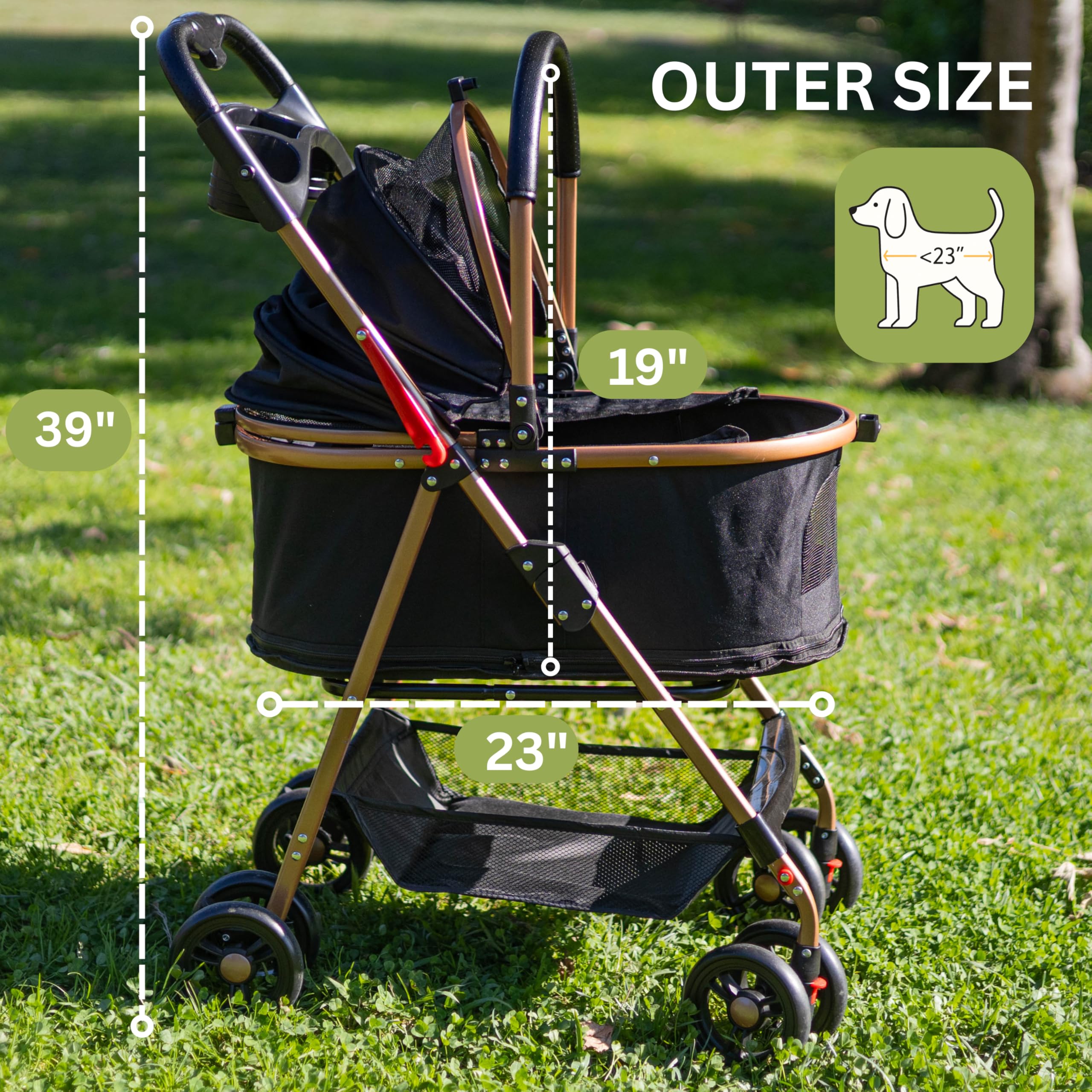 Velora pet-stroller spacious-pet-compartment highlights space for two small pets with privacy curtains.