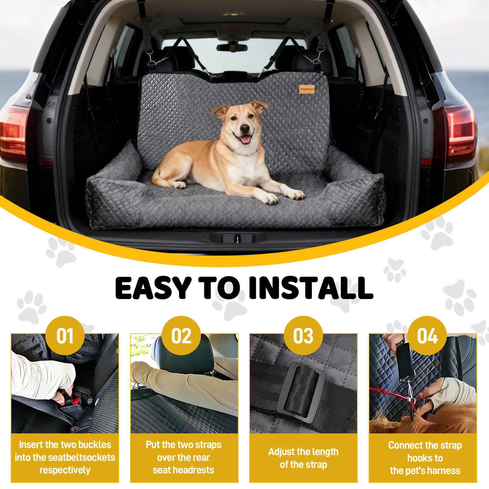 Velupet Zoom car seat features quick-install with adjustable straps for a snug fit.