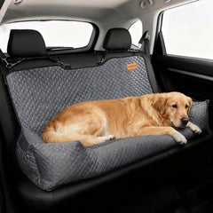 Velupet Zoom dog car seat shows a 47.2-inch bed securing a large dog during car trips.