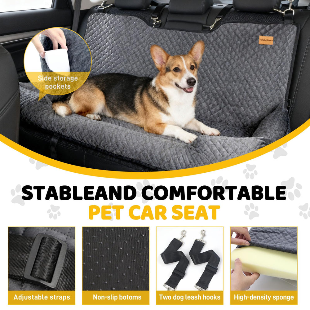 Velupet Zoom seat with two safety leashes anchors securely to vehicle.