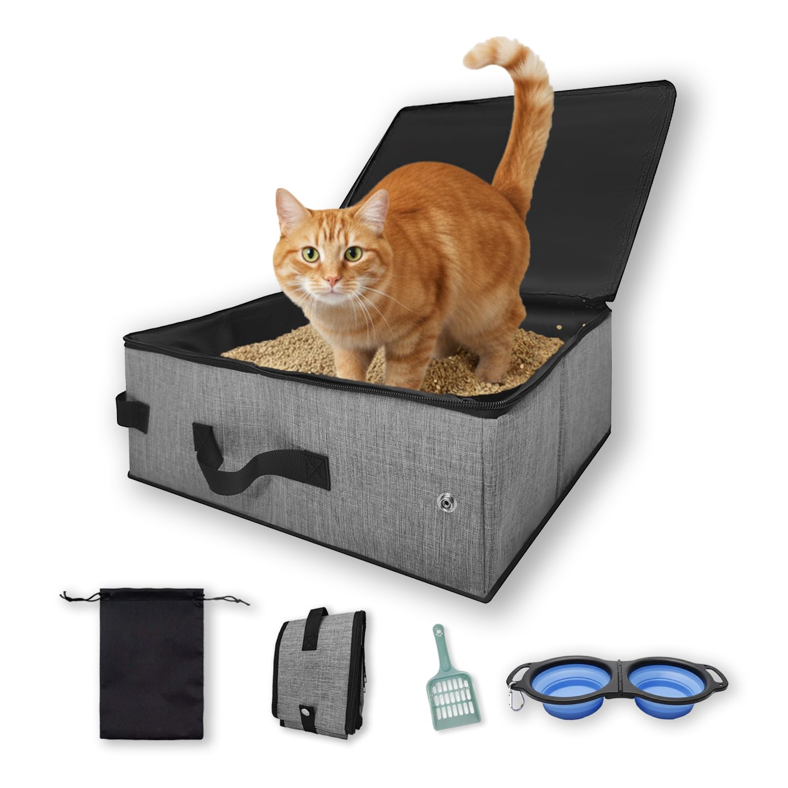 VeluXanipyr travel litter box with lid, compact and bag-ready for cats on the go