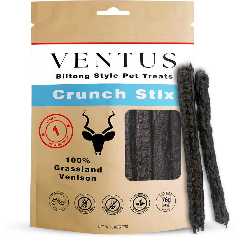 VENTUS Jerky Crunch Stix packaging-front shows a single-ingredient venison treat for training