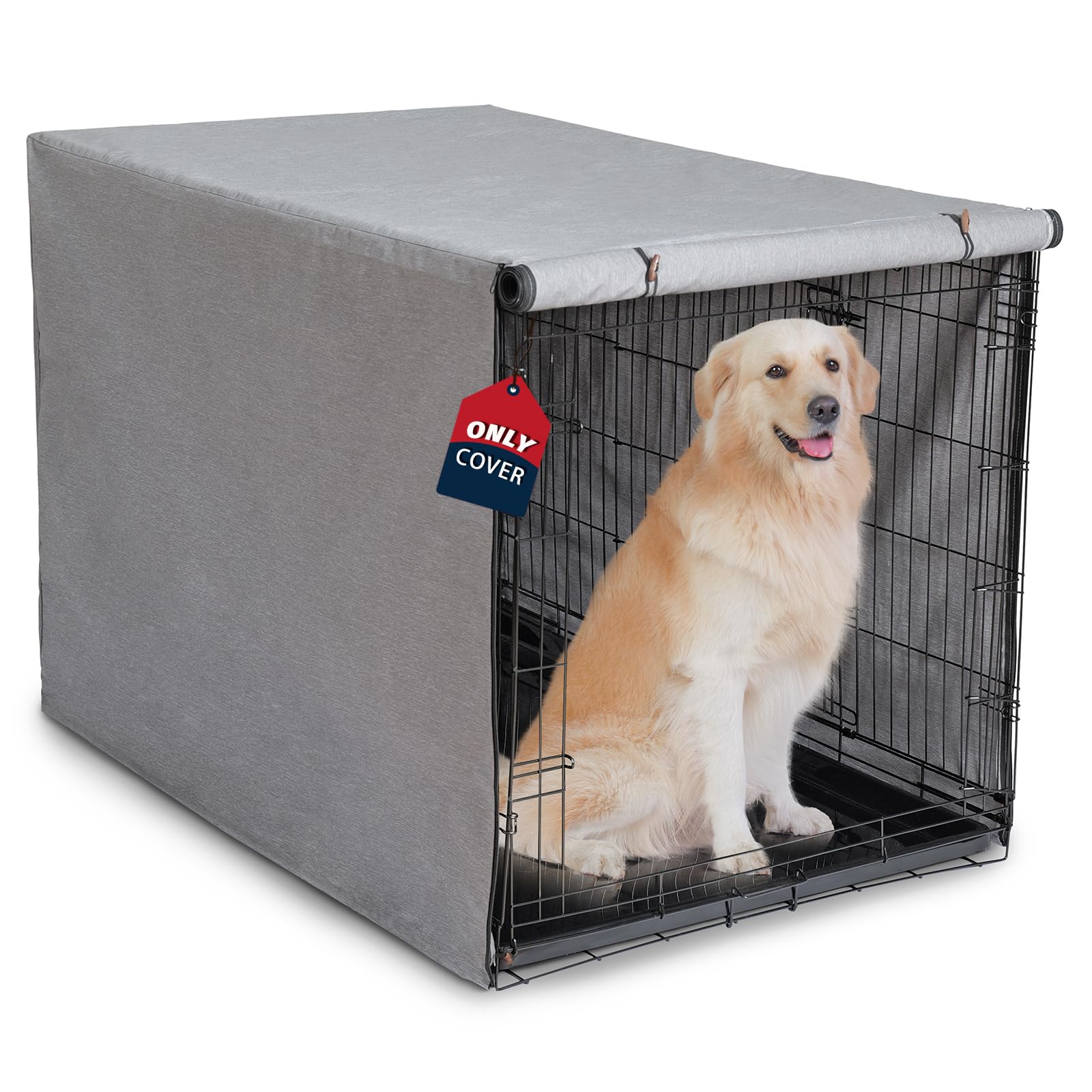 VERABE heavy-duty calming dog crate cover, front view, creates a secure den-like space for calmer rest.