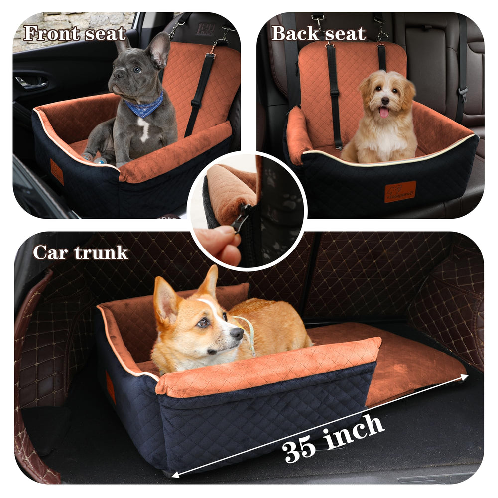 VERGODPRO dog car seat bed back view shows adjustable safety straps for secure travel