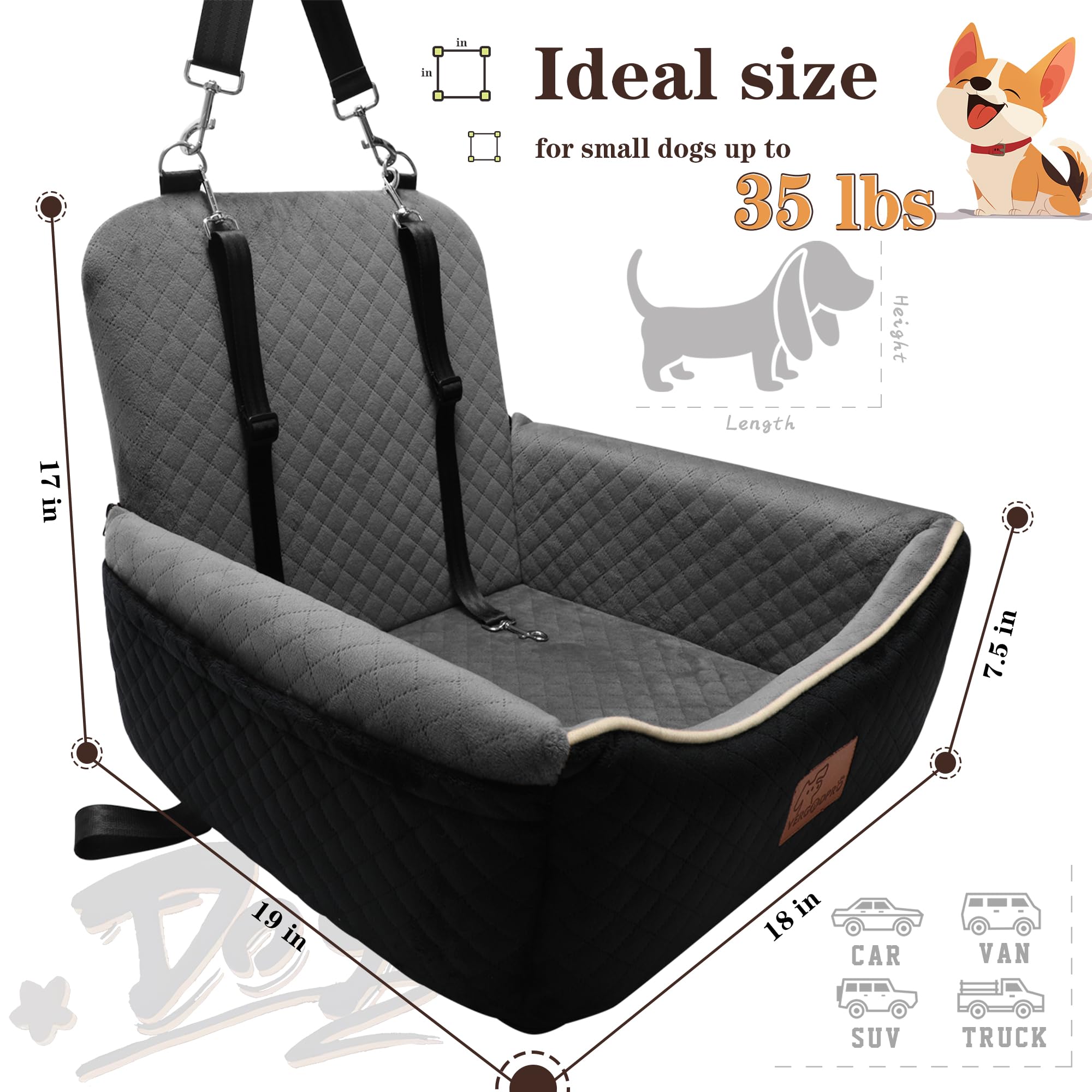 VERGODPRO dog car seat bed dimensions 18x19 inches with memory foam comfort.