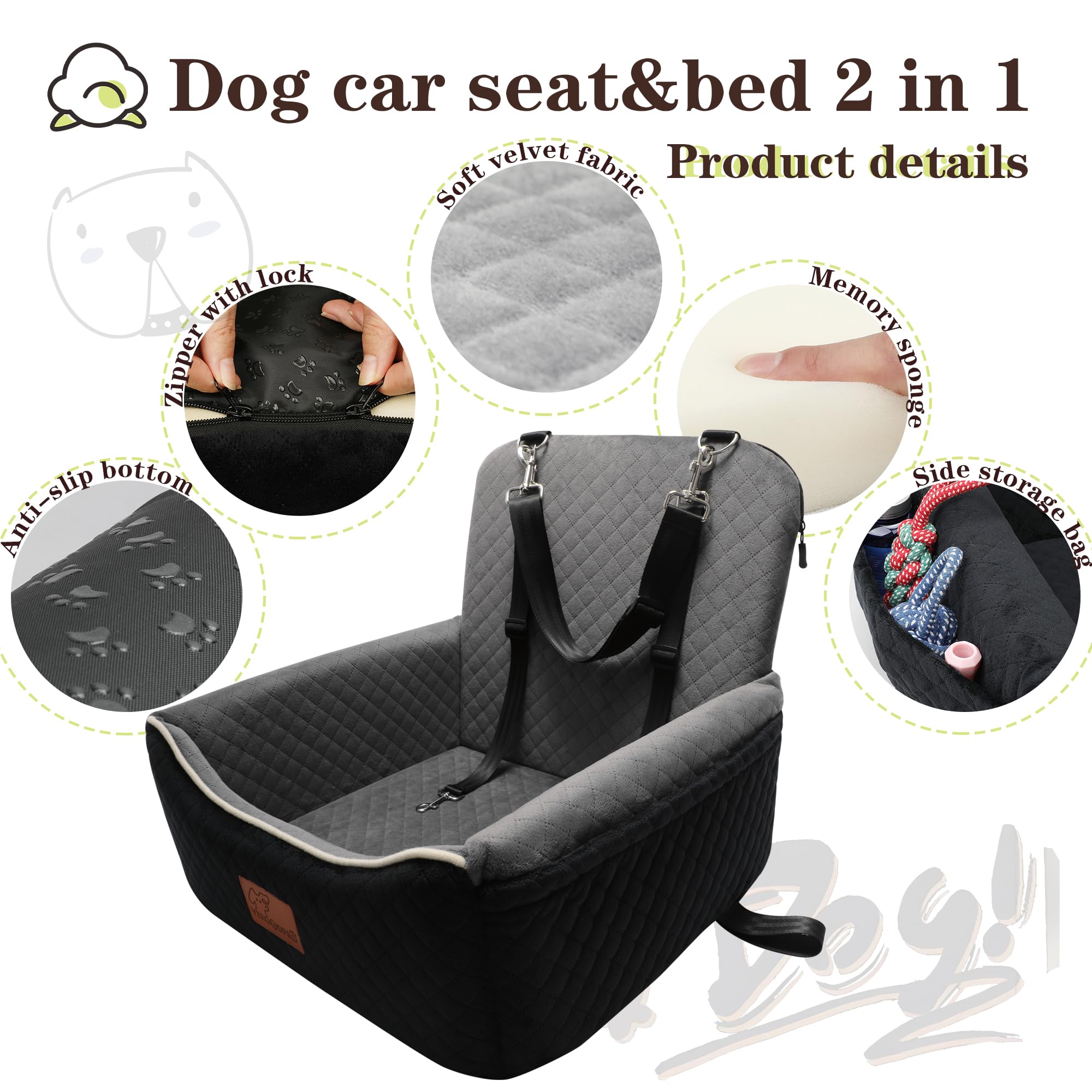 VERGODPRO dog car seat bed extended length by zipper for longer resting space.
