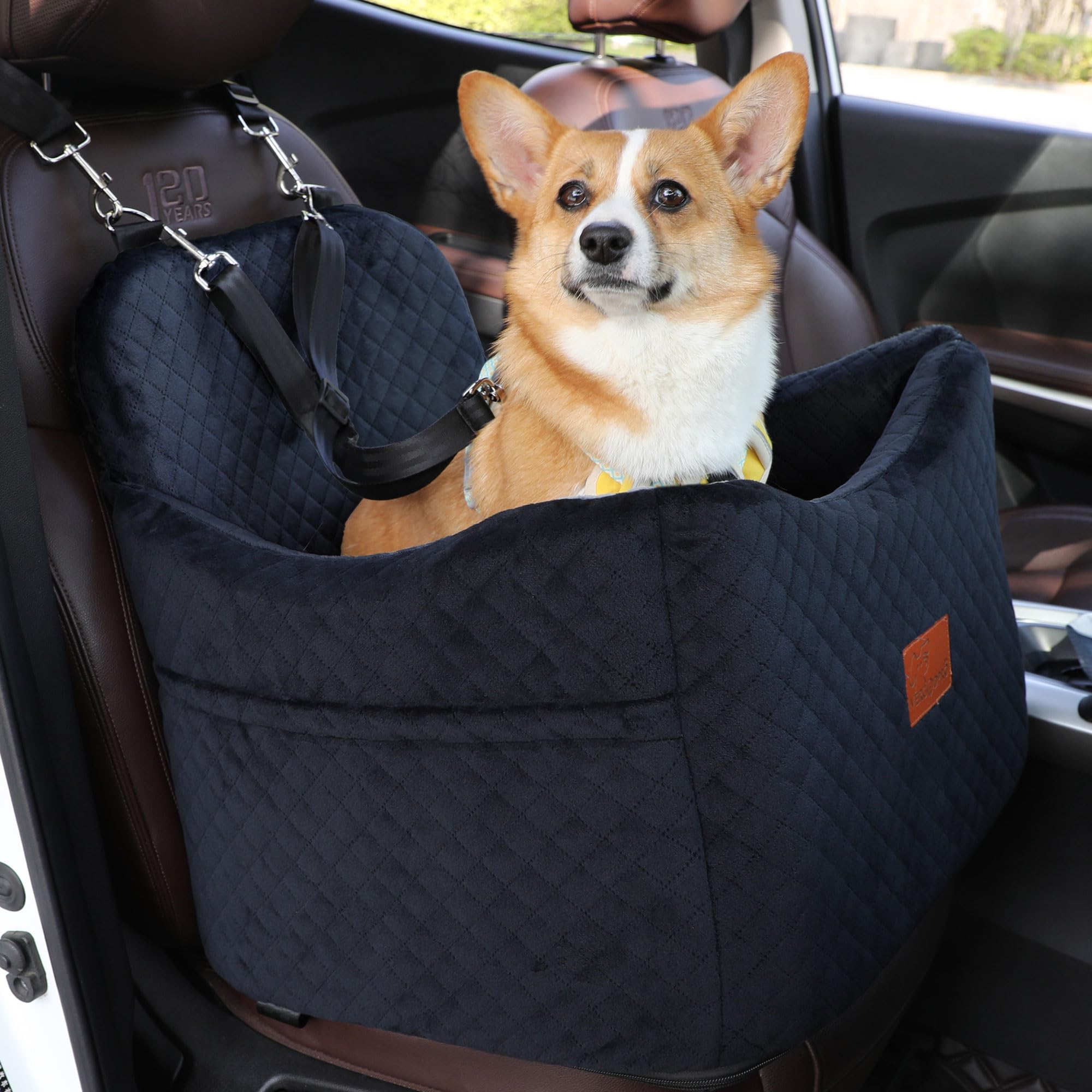 VERGODPRO dog car seat with elevated view and memory sponge for comfortable drives.