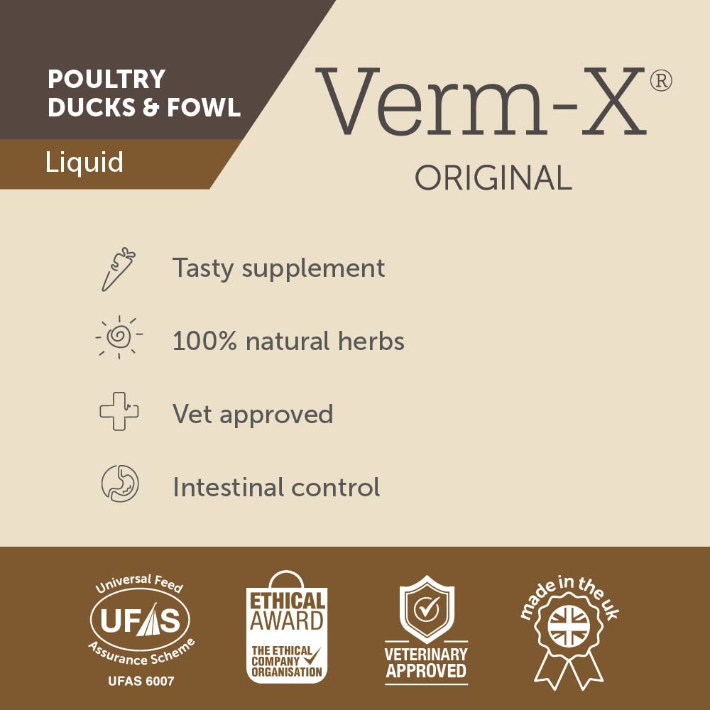 Verm-X ingredient label lists garlic, thyme, fennel, and more natural components.