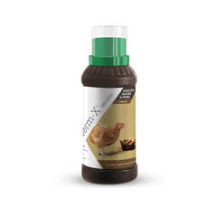 Verm-X Liquid Poultry bottle closeup shows natural ingredients for gut health.