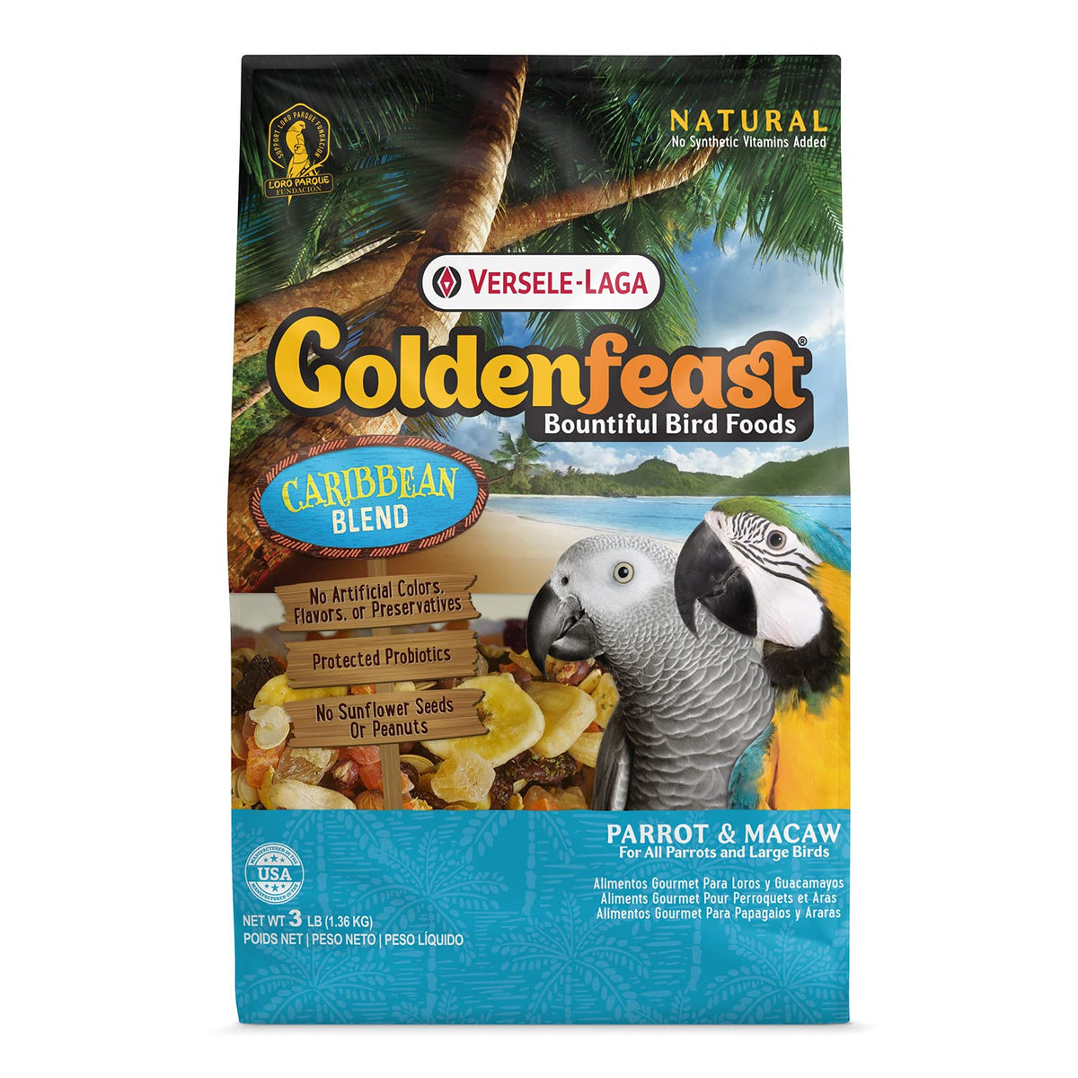 Versele-Laga Goldenfeast Caribbean Blend 3 lb bag front view supports foraging and enrichment.