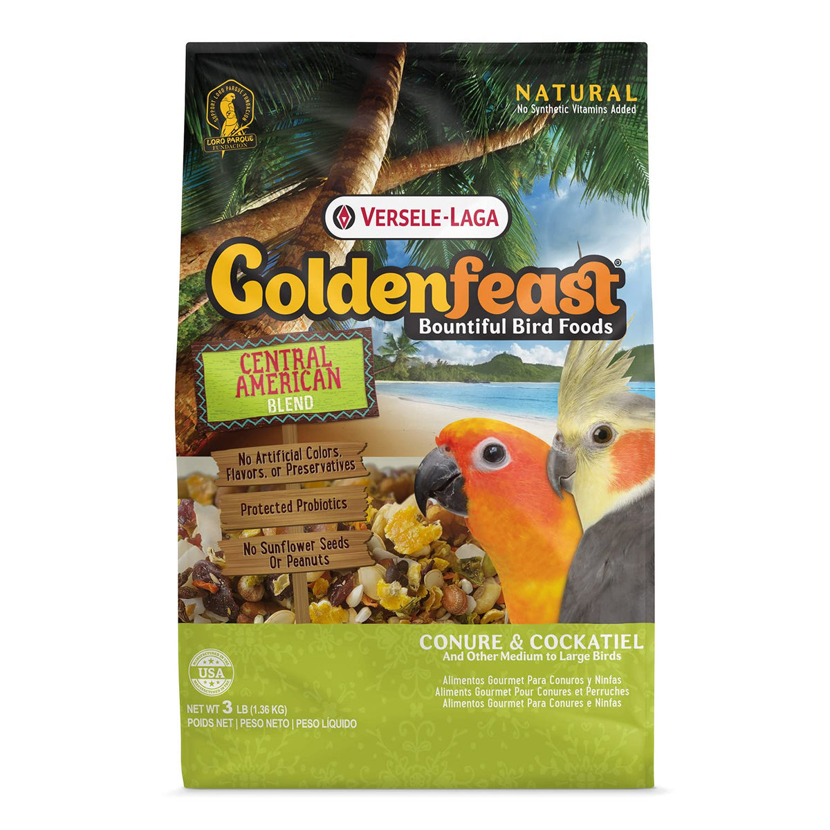 Versele-Laga Goldenfeast Central American Blend bag showing a natural foraging mix for birds