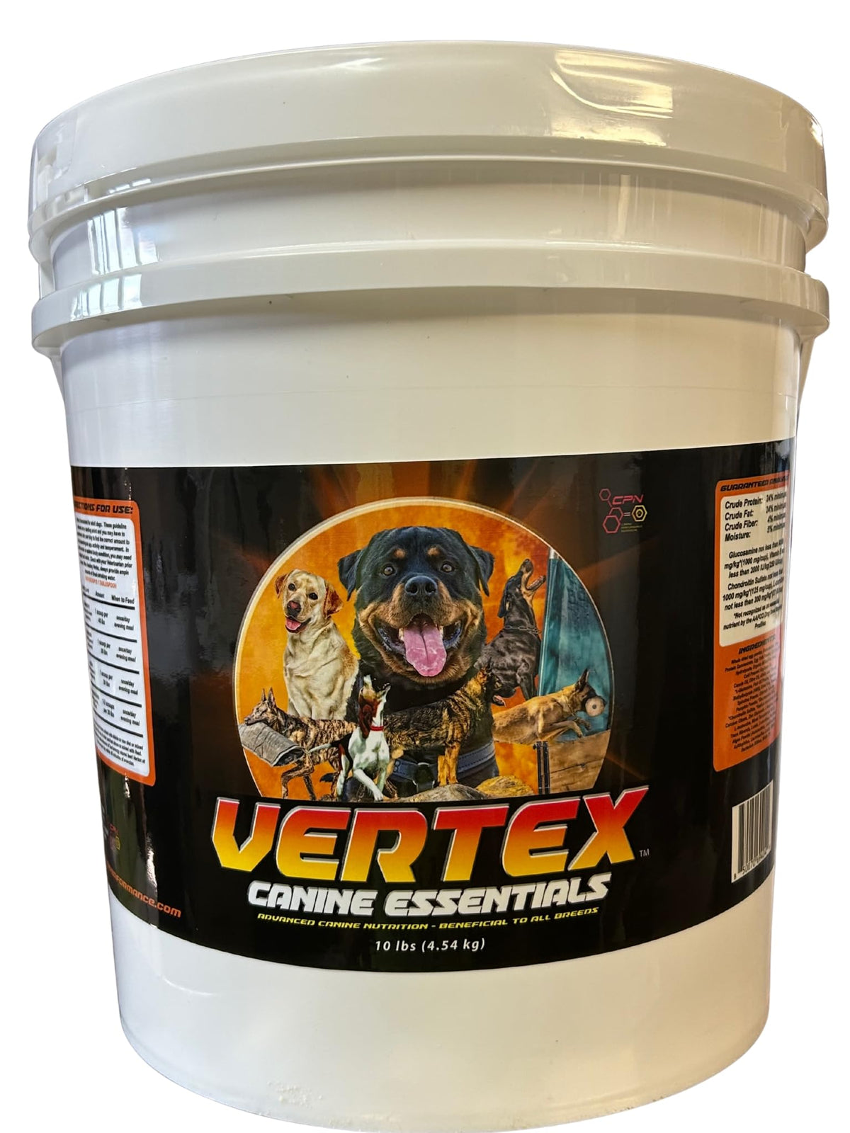 Vertex High-Performance Dog Supplement bag label highlighting premium predigested protein for active dogs