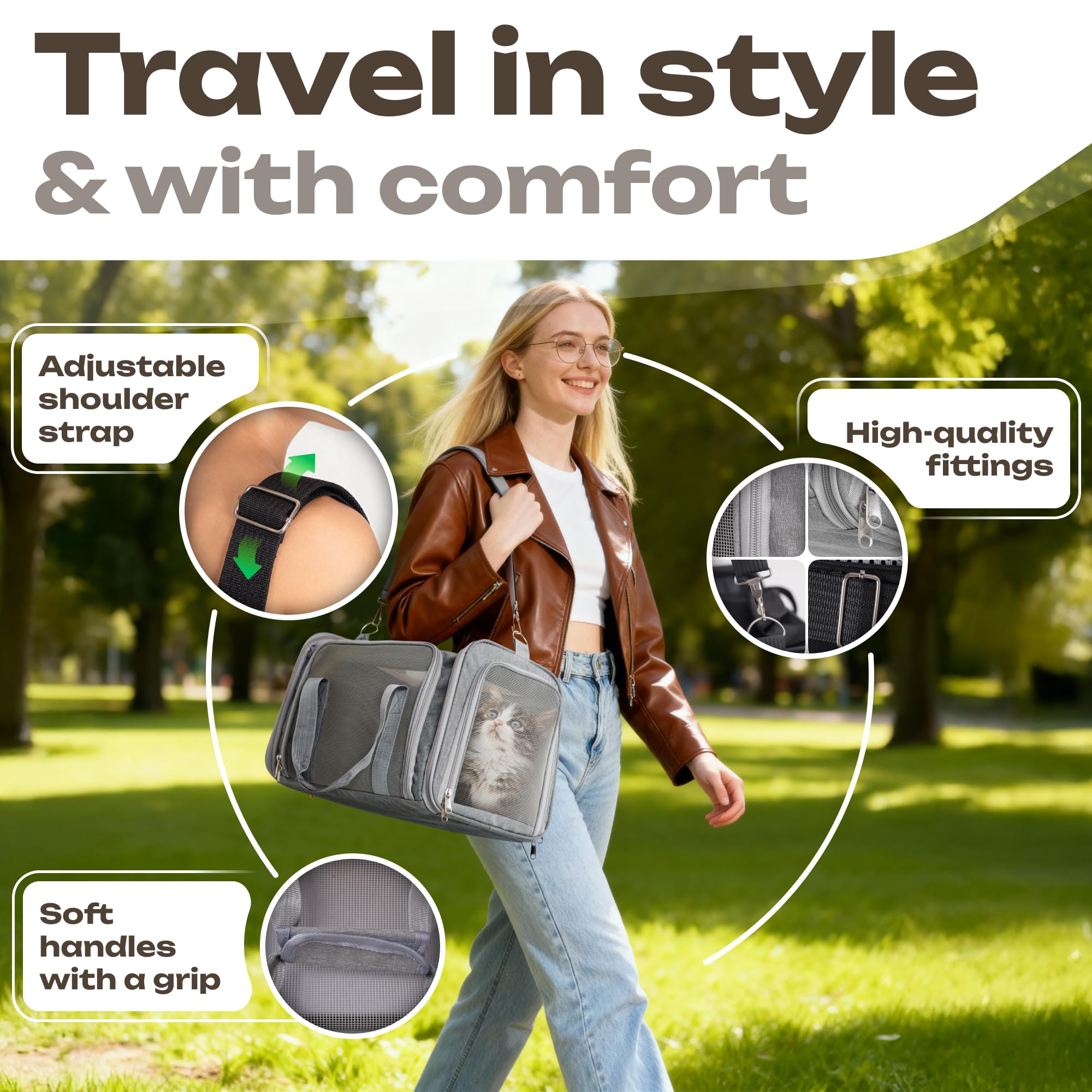 Vertical-Pro grey soft pet carrier with cushioned interior
