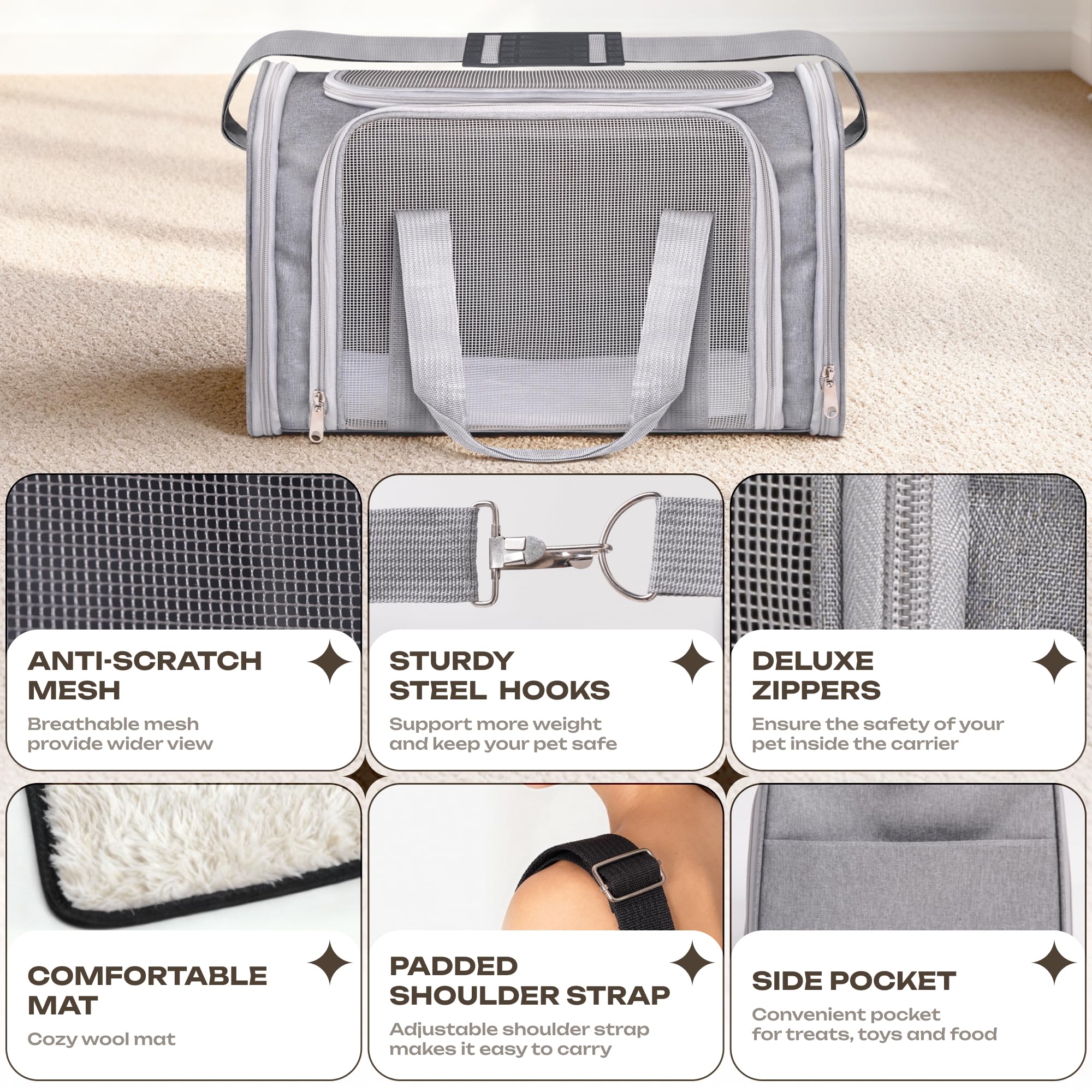 Vertical-Pro travel-ready cat and dog carrier fits on car seats