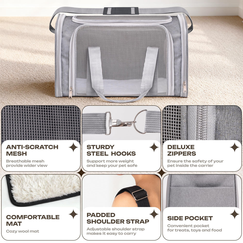 Vertical-Pro travel-ready cat and dog carrier fits on car seats
