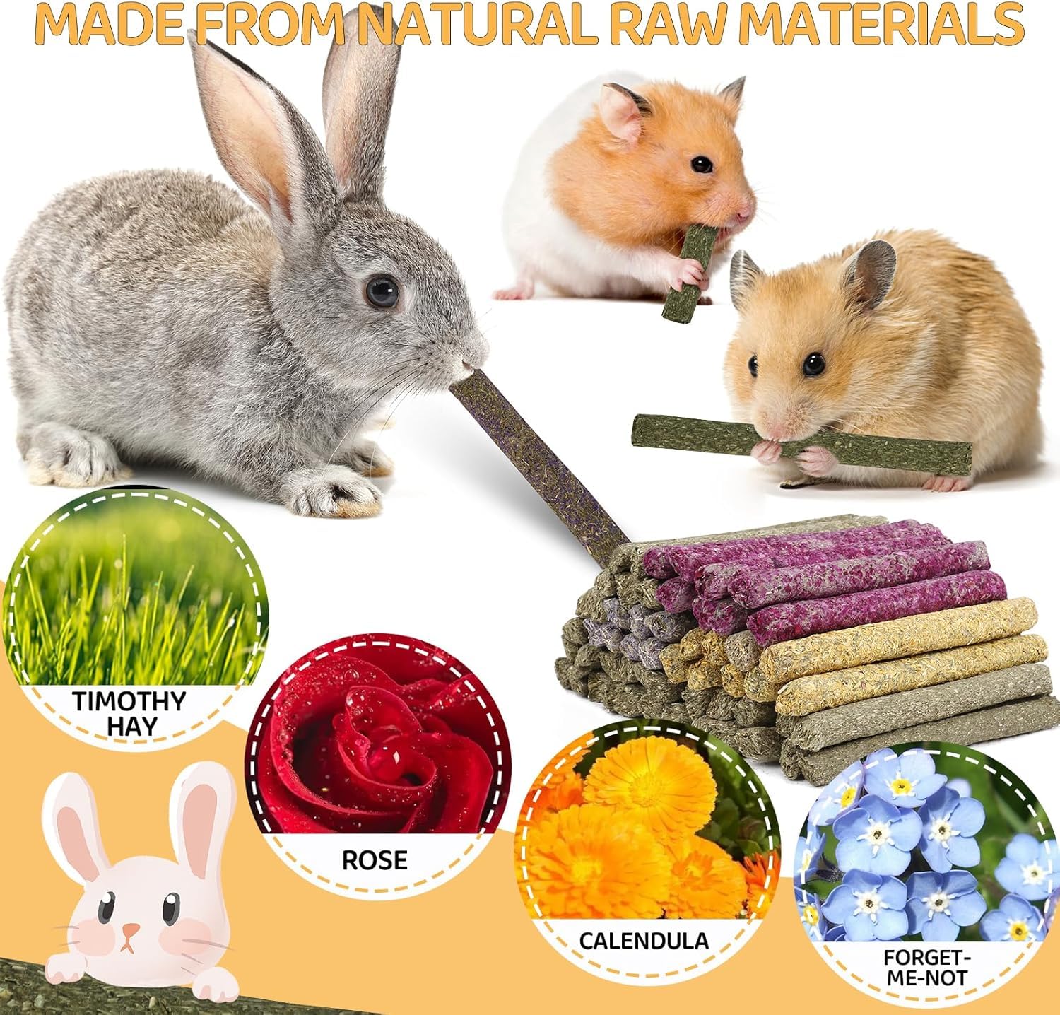 VESPRO calendula hay sticks offer varied textures for nibbling and calm play.