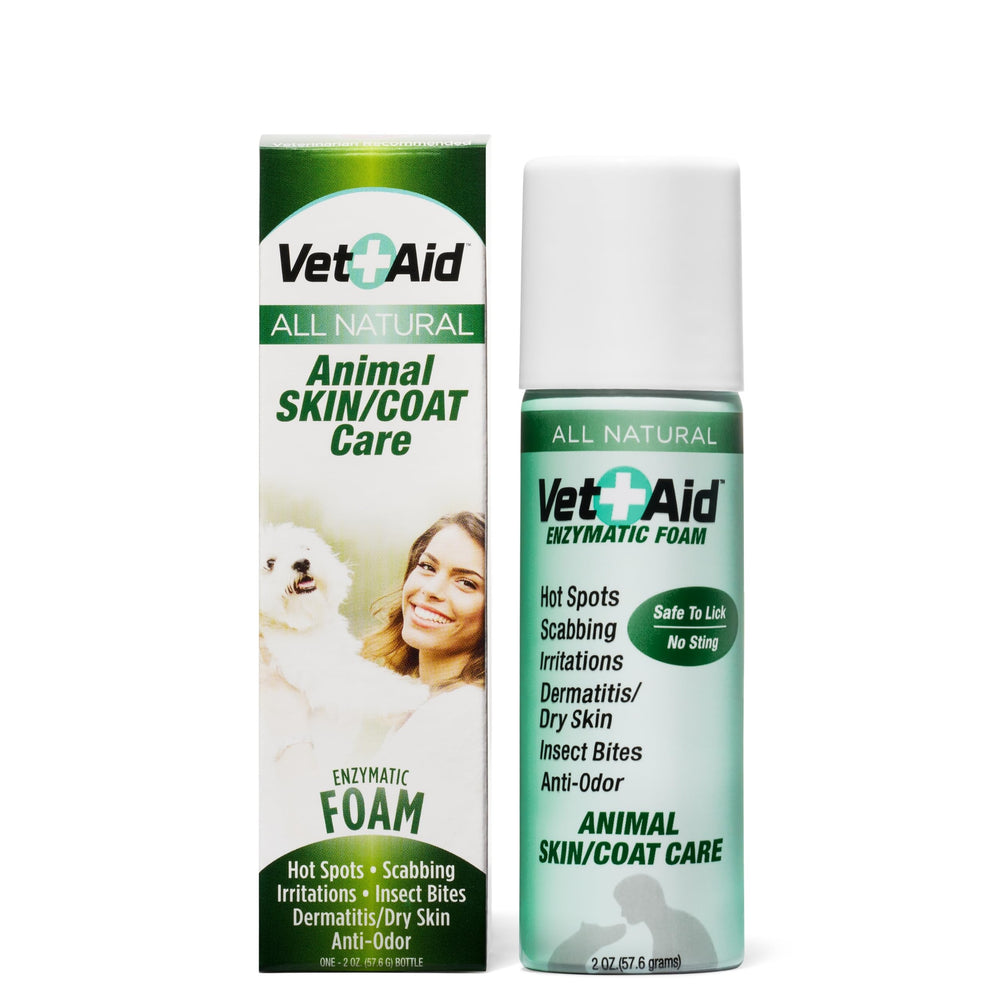 Vet Aid foam bottle pour demonstrates sea-salt wound care for pets.
