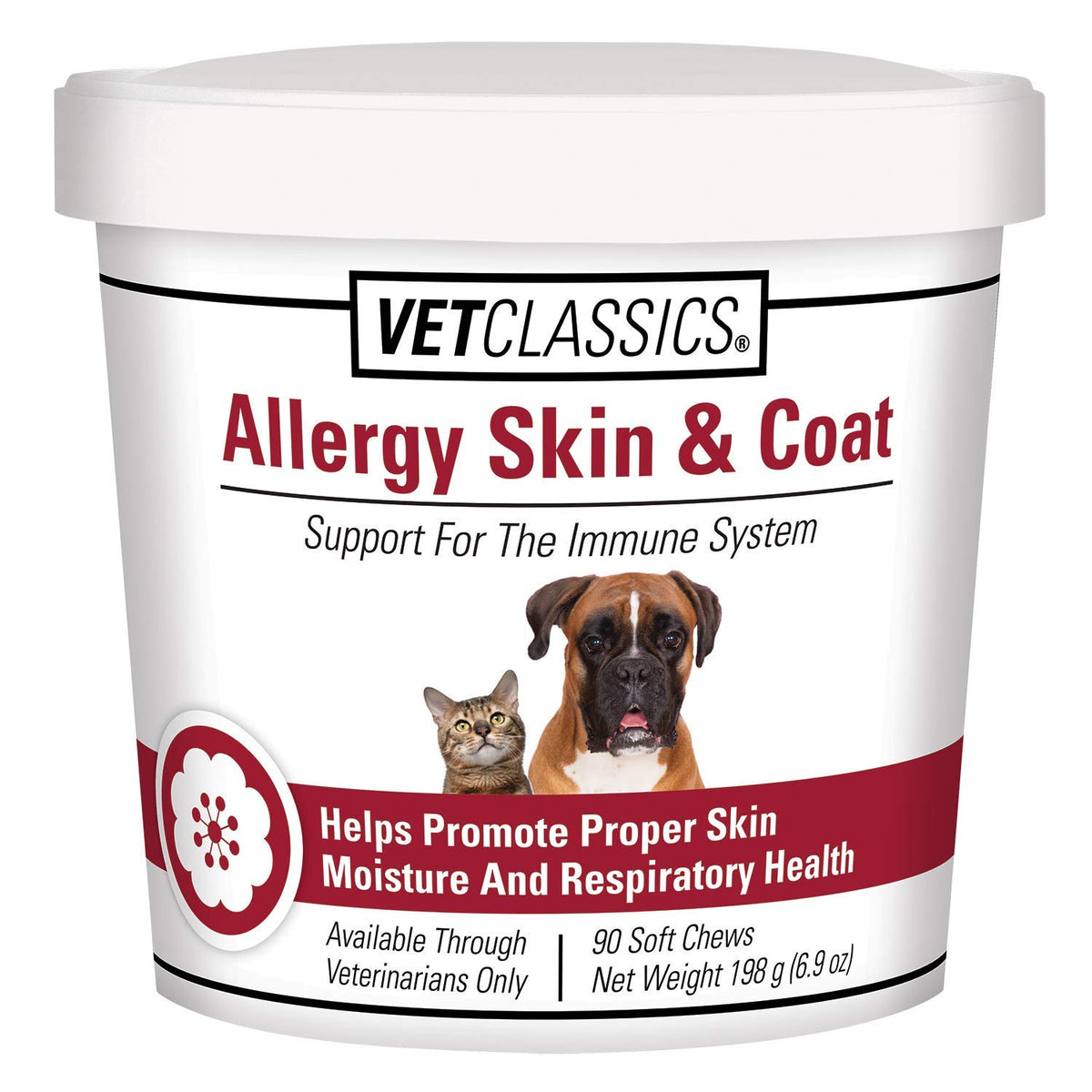 Vet Classics allergy skin coat soft chews bottle promotes healthy skin moisture.