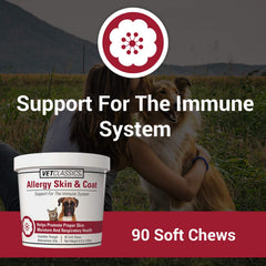 Vet Classics allergy skin coat soft chews for dogs and cats supports immune health.