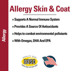Vet Classics allergy skin coat soft chews ingredients DHA EPA highlight omega support.