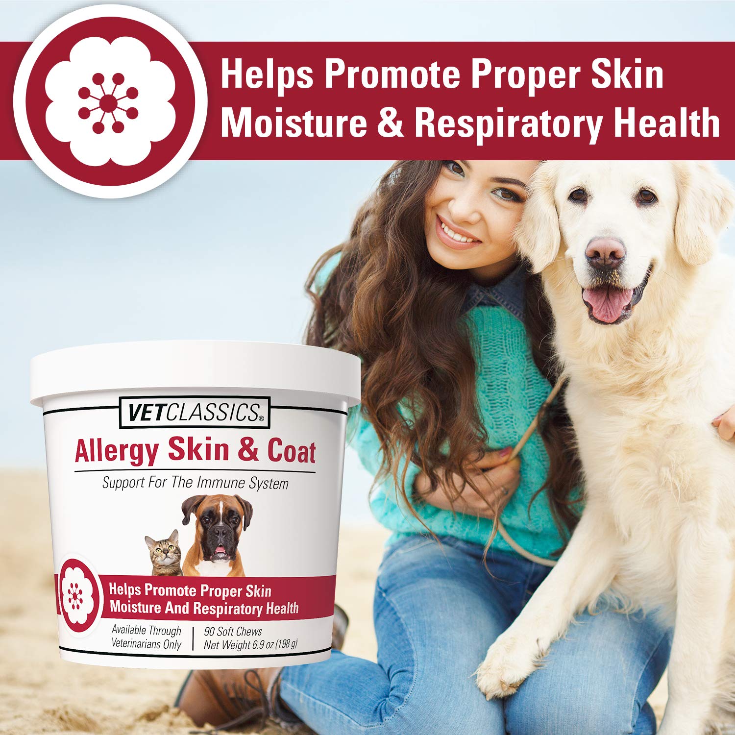 Vet Classics allergy skin coat soft chews serving near bowl for easy daily administration.
