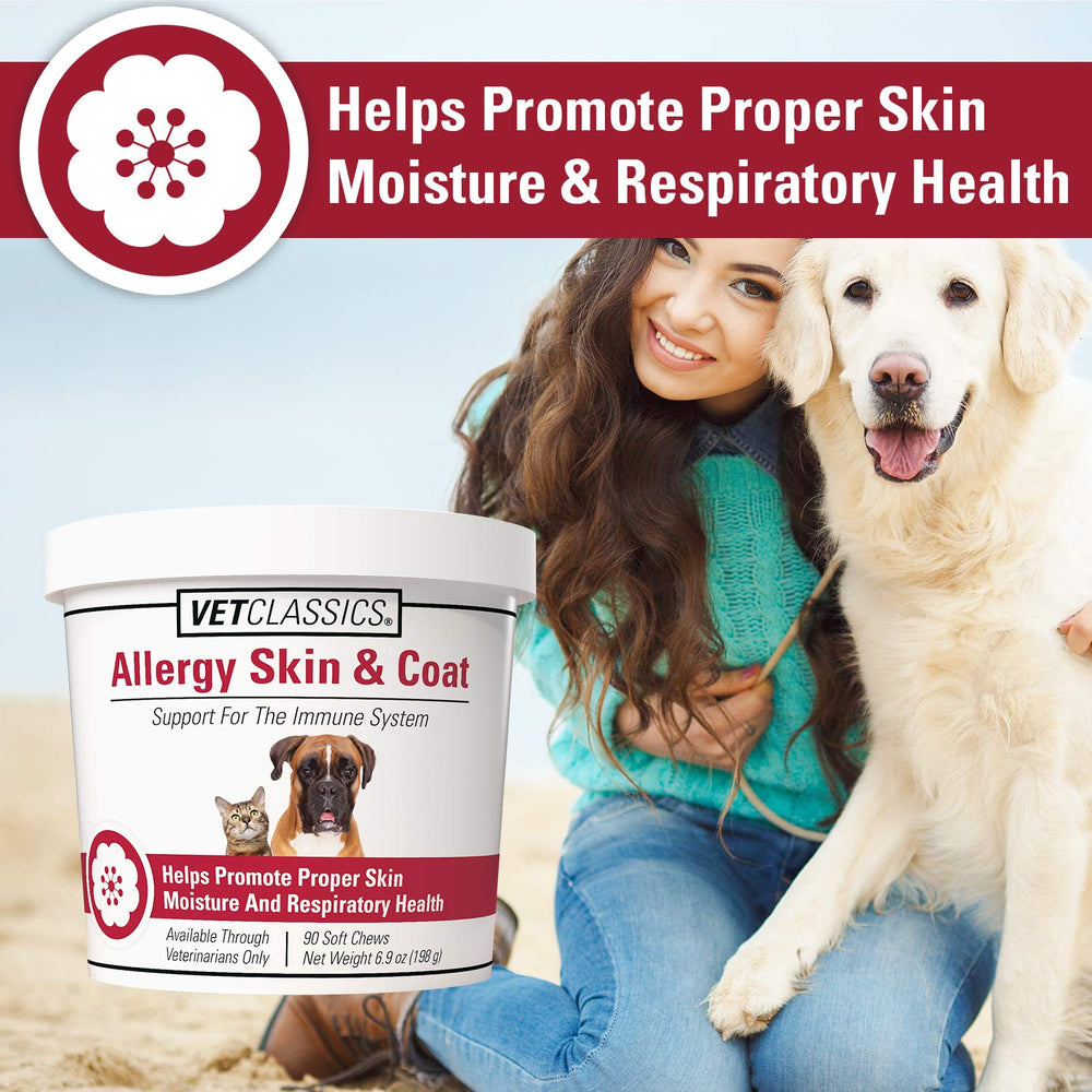 Vet Classics allergy skin coat soft chews serving near bowl for easy daily administration.