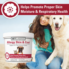 Vet Classics allergy skin coat soft chews serving near bowl for easy daily administration.