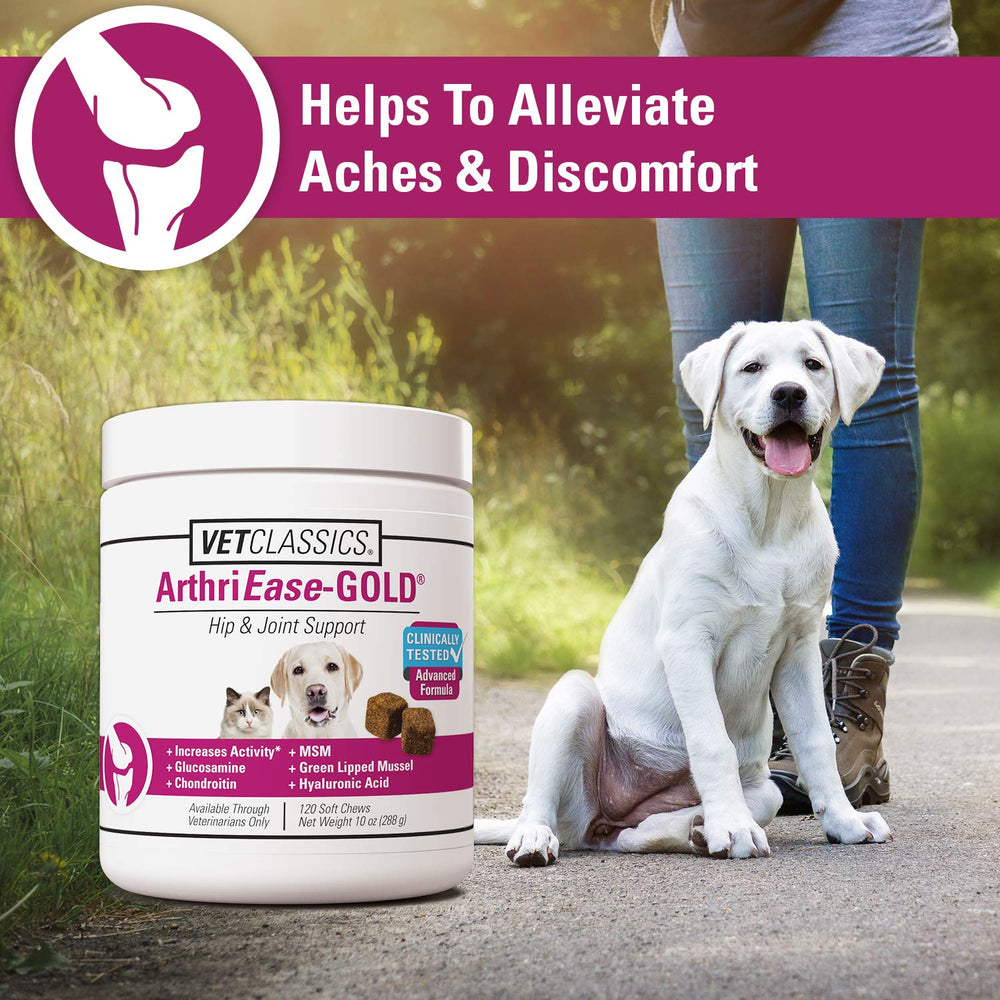 Vet Classics ArthriEASE-Gold ingredient list close-up highlighting glucosamine and chondroitin.