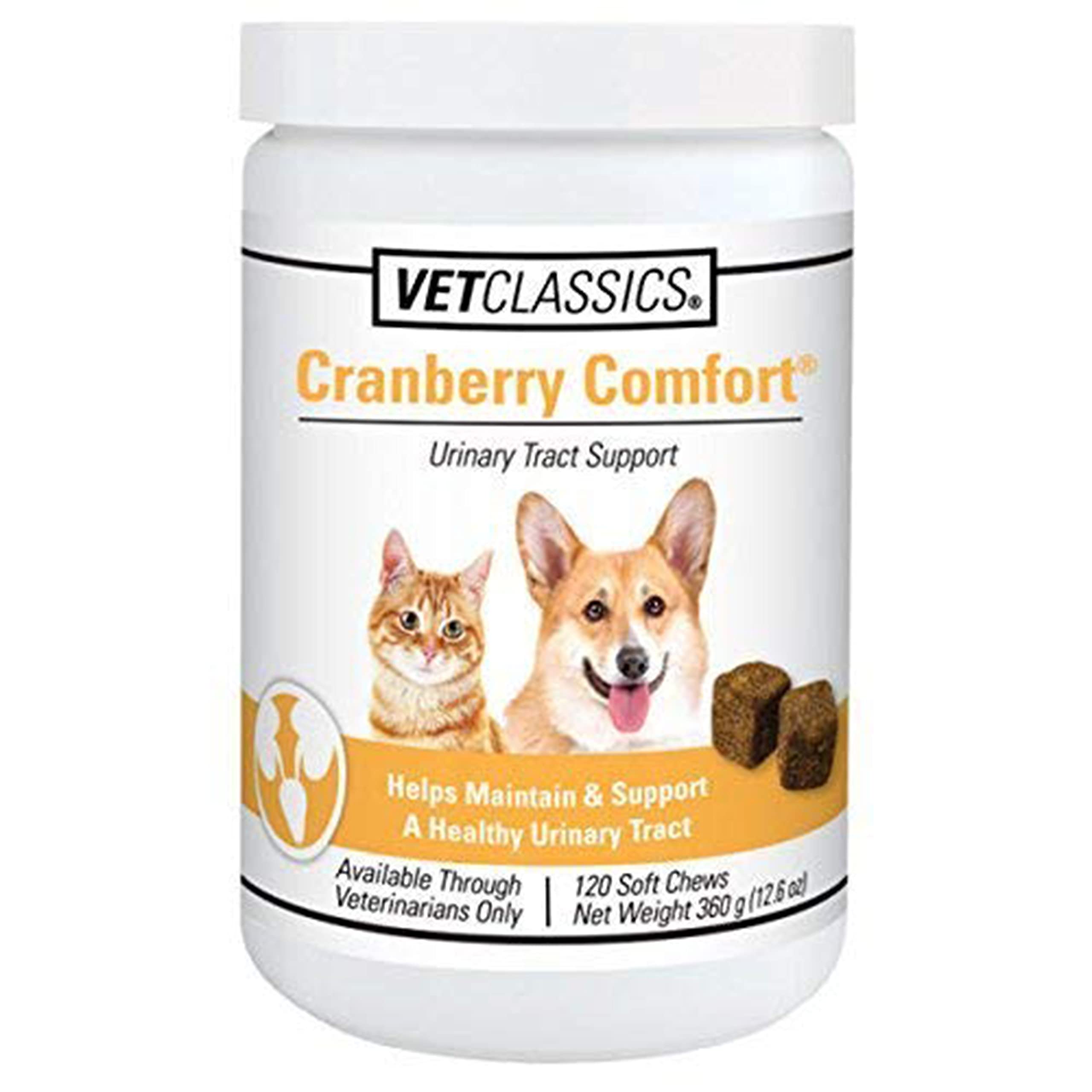 Vet Classics Cranberry Comfort soft chews bottle shows urinary health support for pets